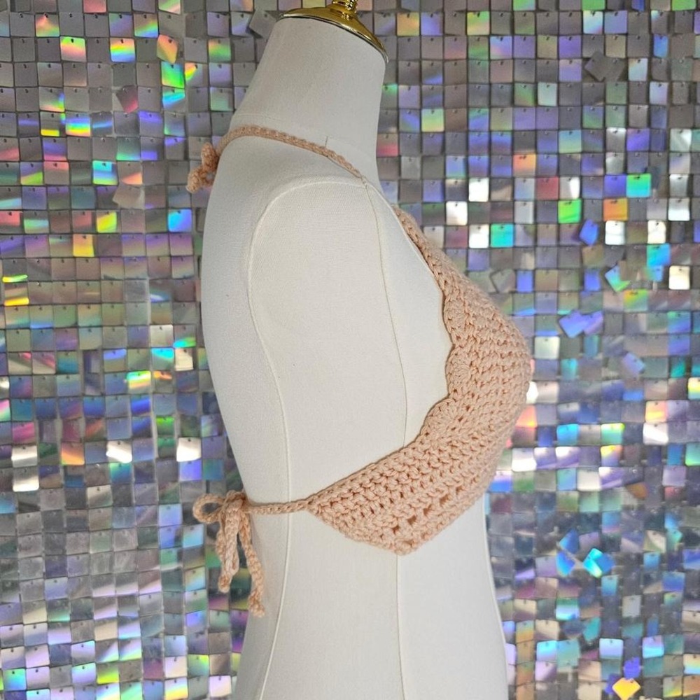 Knit Crochet Halter Top Summer Peach Beachy Boho Festival Rave Scalloped - Picture 5 of 5